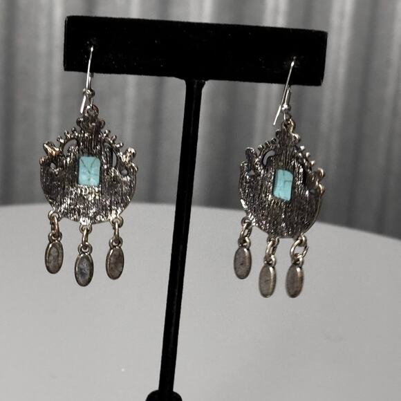 Boho Silver Tone Dangle Earrings  Blue Faux Turquoise Southwest Festival Style - Picture 4 of 7